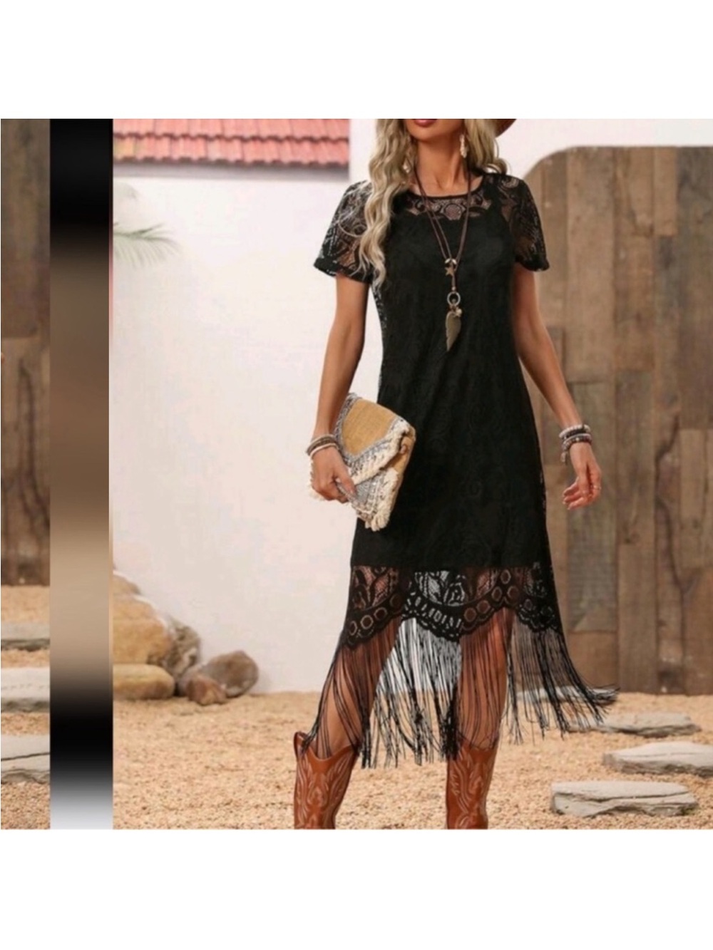 Lace Long Fringe Black Dress Western Women Attire/Country Dress,Summer - Picture 4 of 4